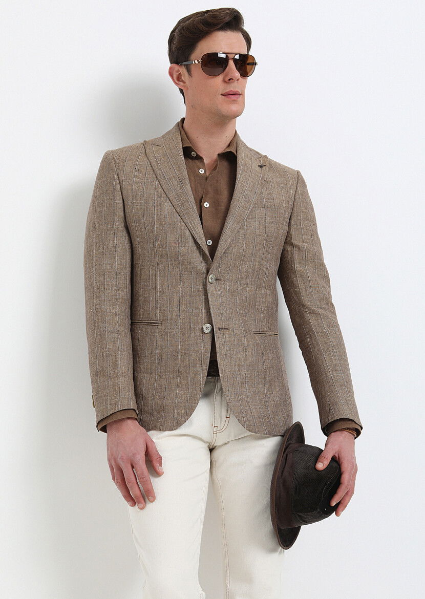 Açık Kahve Çizgili Zeroweight Slim Fit %100 Keten Ceket - 2