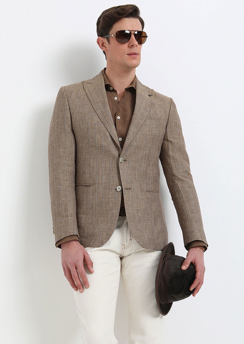 Açık Kahve Çizgili Zeroweight Slim Fit %100 Keten Ceket - 2