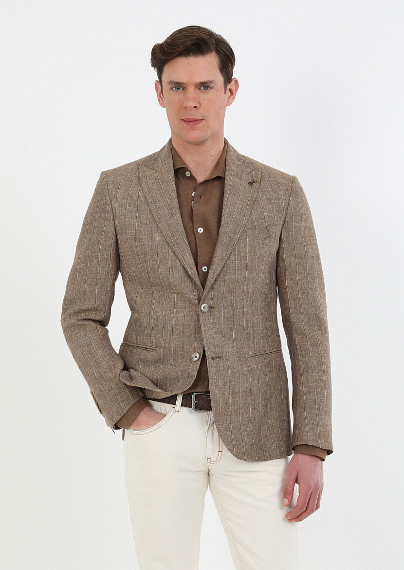 Açık Kahve Çizgili Zeroweight Slim Fit %100 Keten Ceket - 3