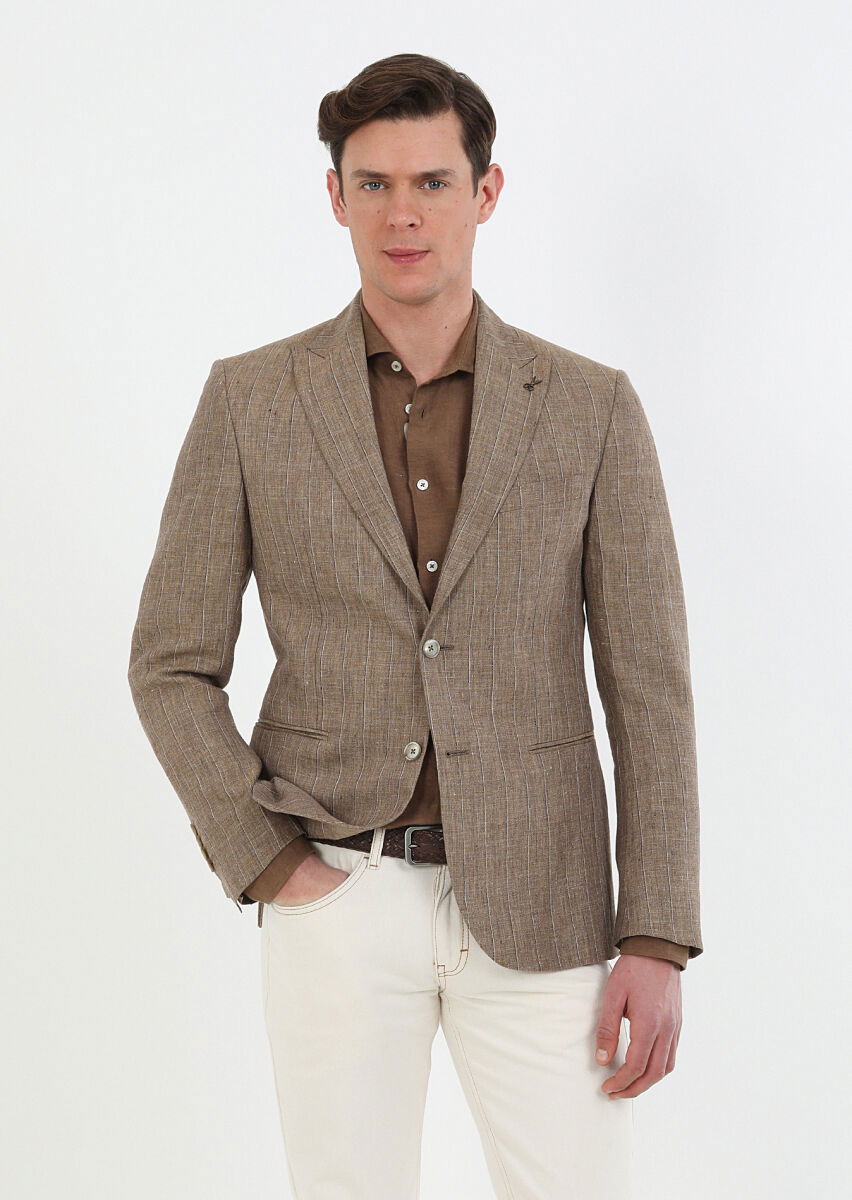 Açık Kahve Çizgili Zeroweight Slim Fit %100 Keten Ceket - 3