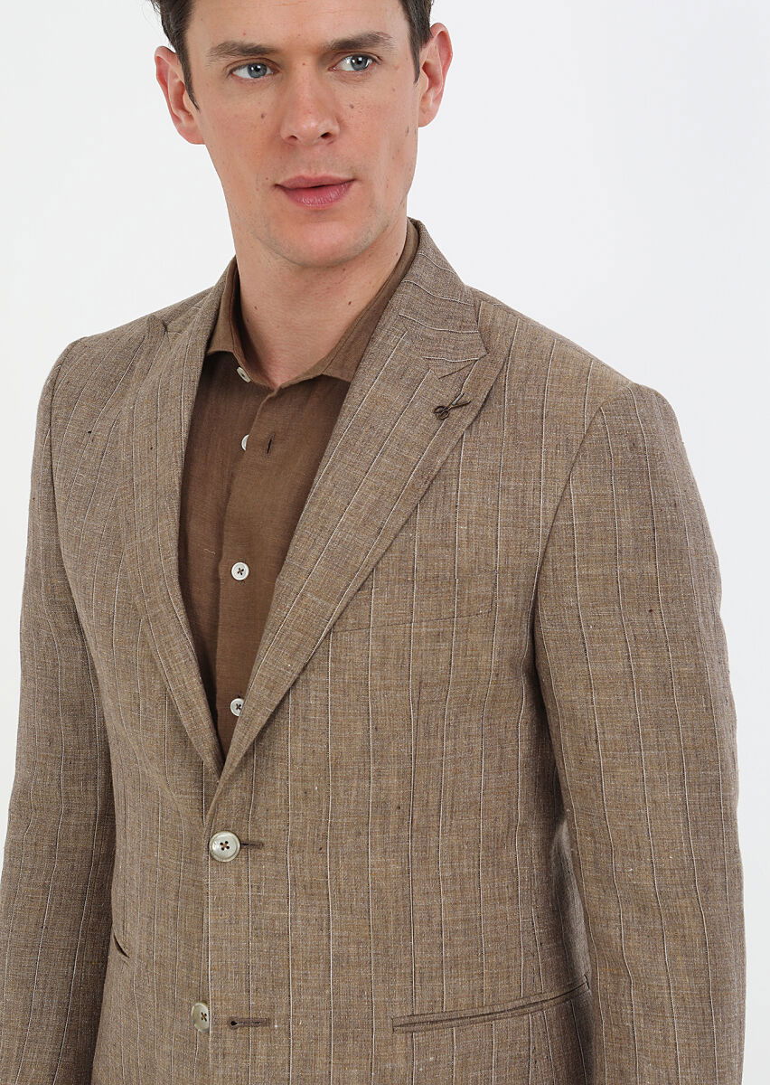 Açık Kahve Çizgili Zeroweight Slim Fit %100 Keten Ceket - 4