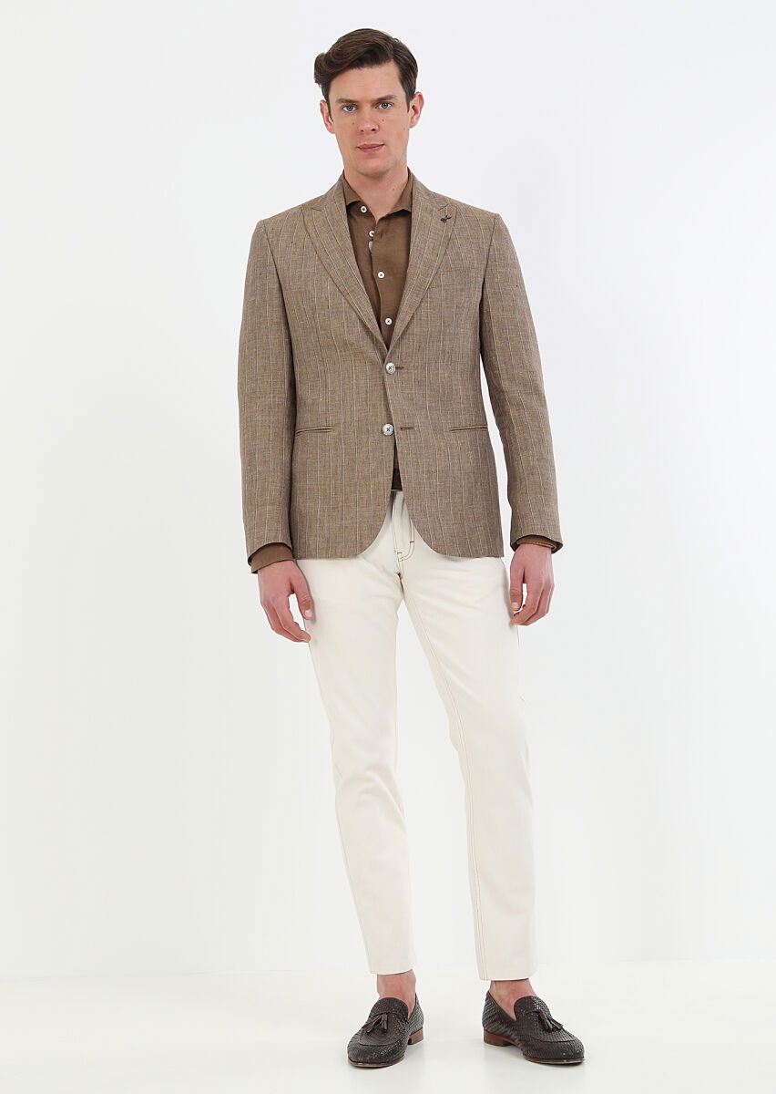 Açık Kahve Çizgili Zeroweight Slim Fit %100 Keten Ceket - 6