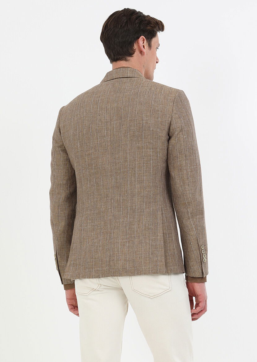 Açık Kahve Çizgili Zeroweight Slim Fit %100 Keten Ceket - 7