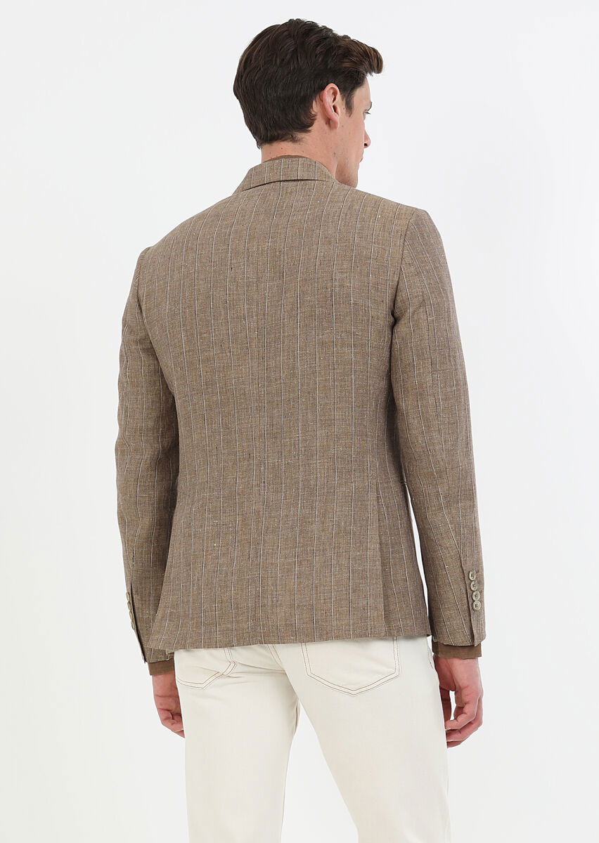 Açık Kahve Çizgili Zeroweight Slim Fit %100 Keten Ceket - 7