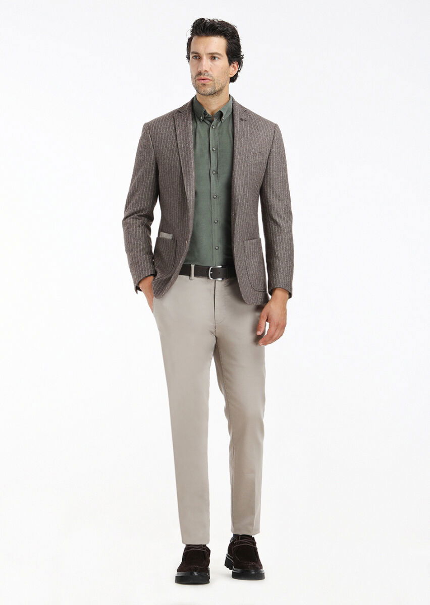 Açık Kahve Çizgili Zeroweight Slim Fit Yün Karışımlı Örme Ceket - 1