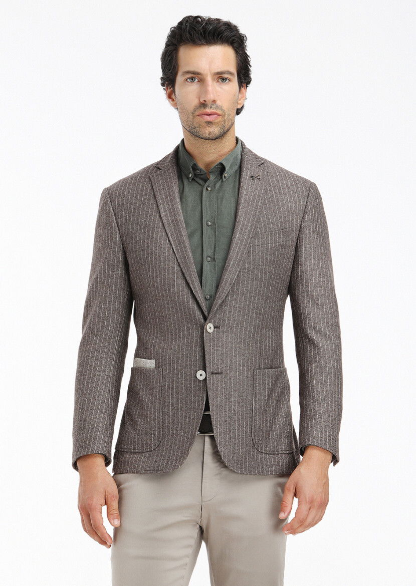 Açık Kahve Çizgili Zeroweight Slim Fit Yün Karışımlı Örme Ceket - 2