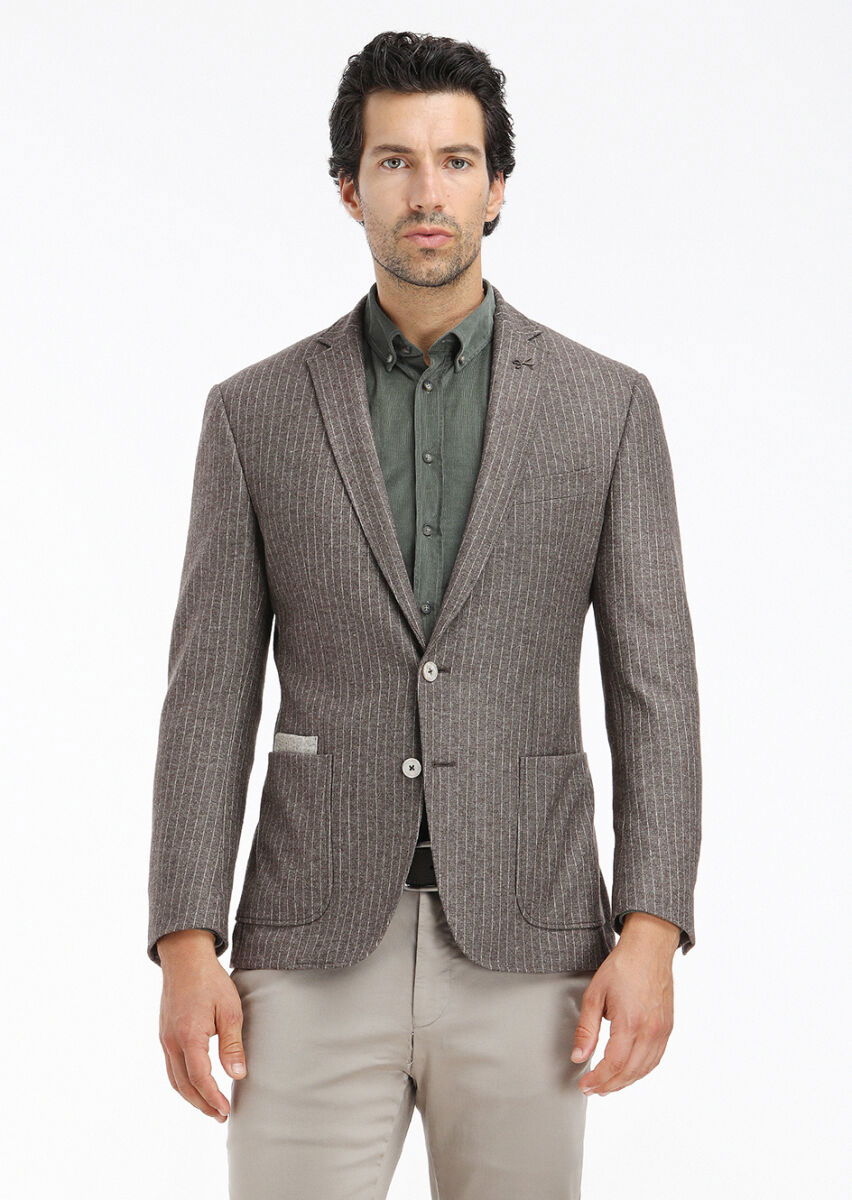 Açık Kahve Çizgili Zeroweight Slim Fit Yün Karışımlı Örme Ceket - 2