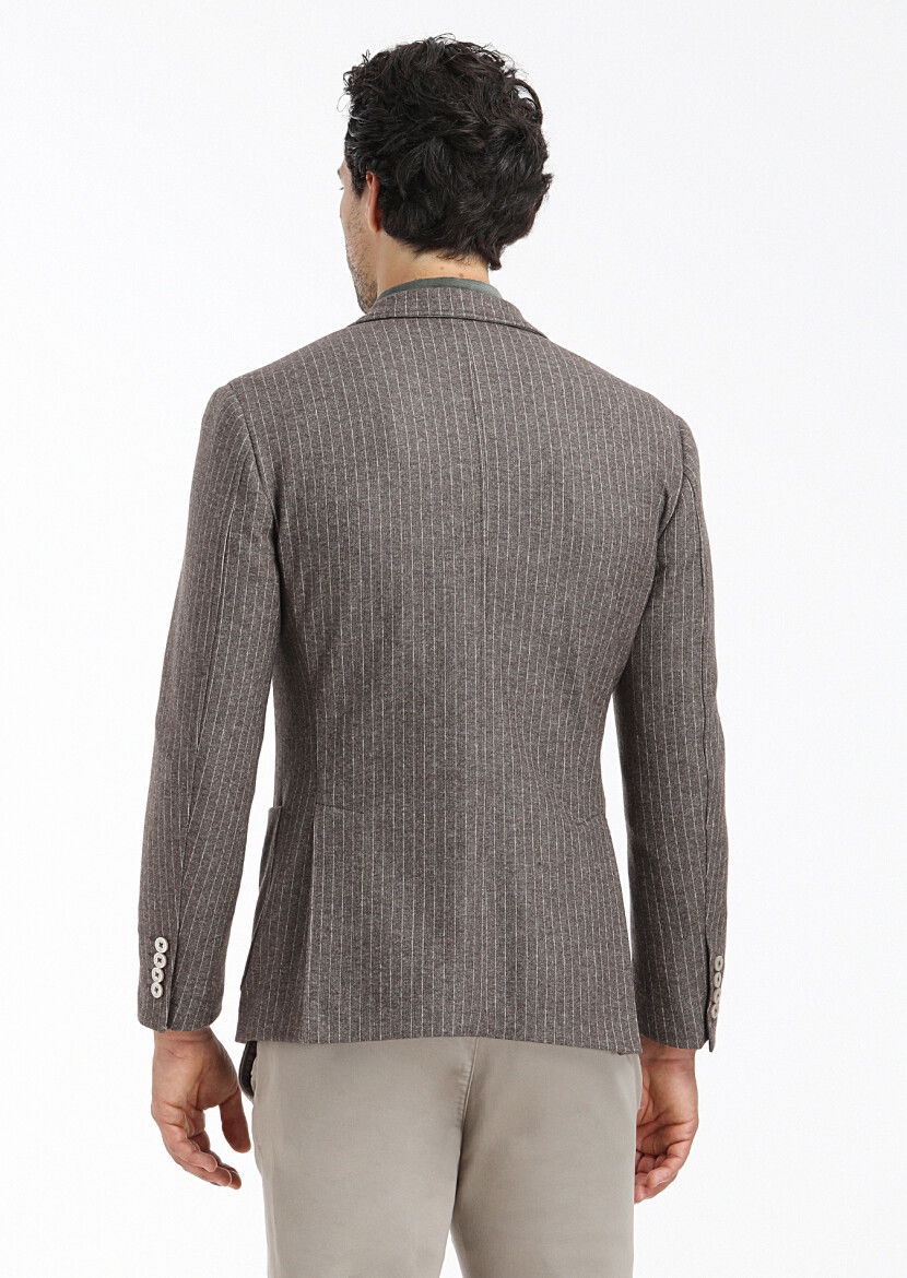 Açık Kahve Çizgili Zeroweight Slim Fit Yün Karışımlı Örme Ceket - 6
