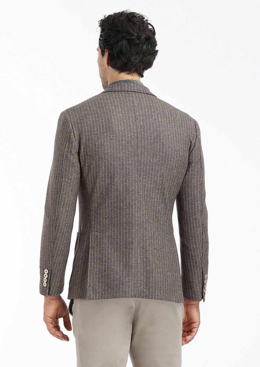 Açık Kahve Çizgili Zeroweight Slim Fit Yün Karışımlı Örme Ceket - 6