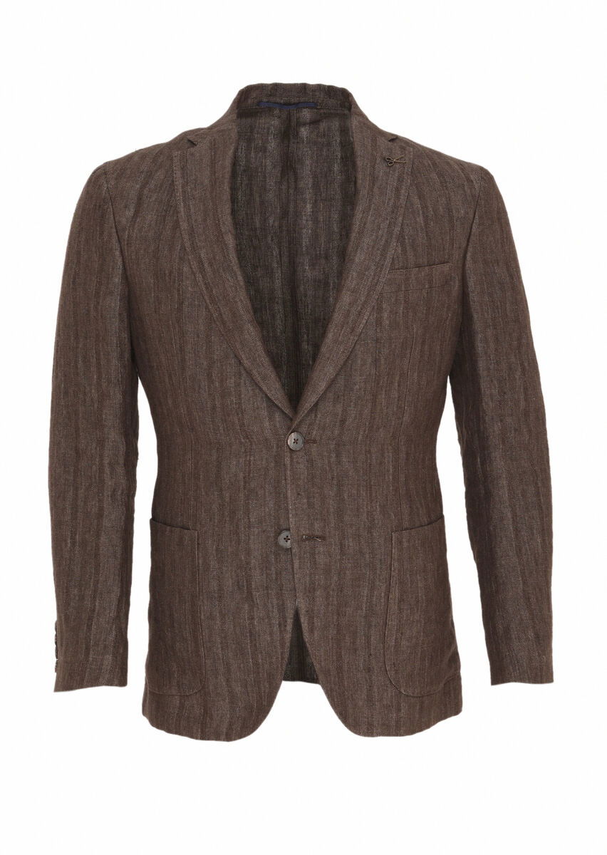 Açık Kahve Desenli Shirt Shoulder Slim Fit %100 Keten Ceket - 6