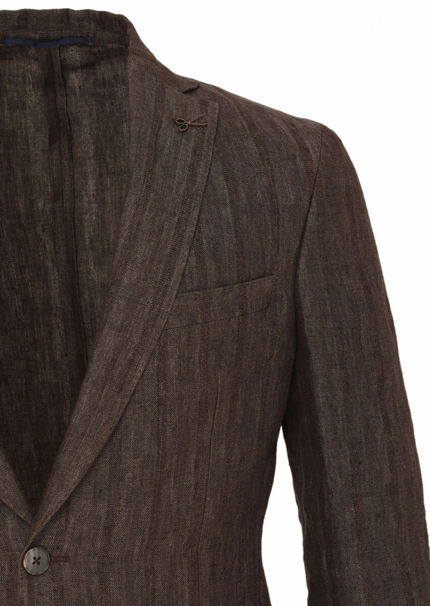 Açık Kahve Desenli Shirt Shoulder Slim Fit %100 Keten Ceket - 7