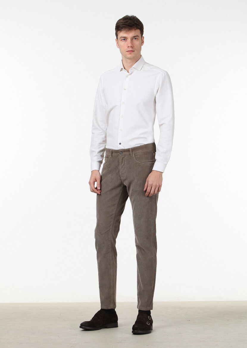 Açık Kahve Düz Dokuma Slim Fit Casual Pamuk Karışımlı Pantolon 