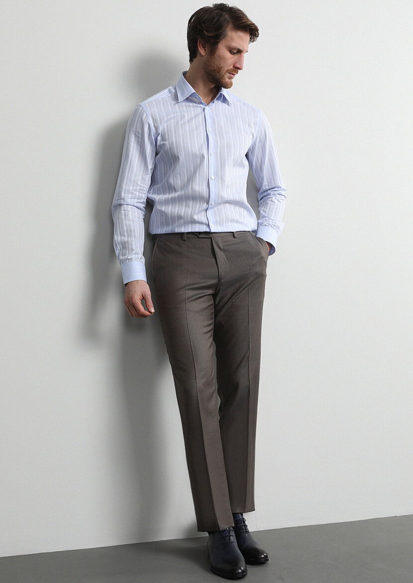 Açık Kahve Düz Kumaş Regular Fit Klasik %100 Yün Pantolon - 1
