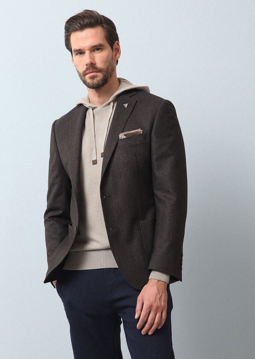 Açık Kahve Düz Zeroweight Slim Fit Yün Karışımlı Ceket - 1