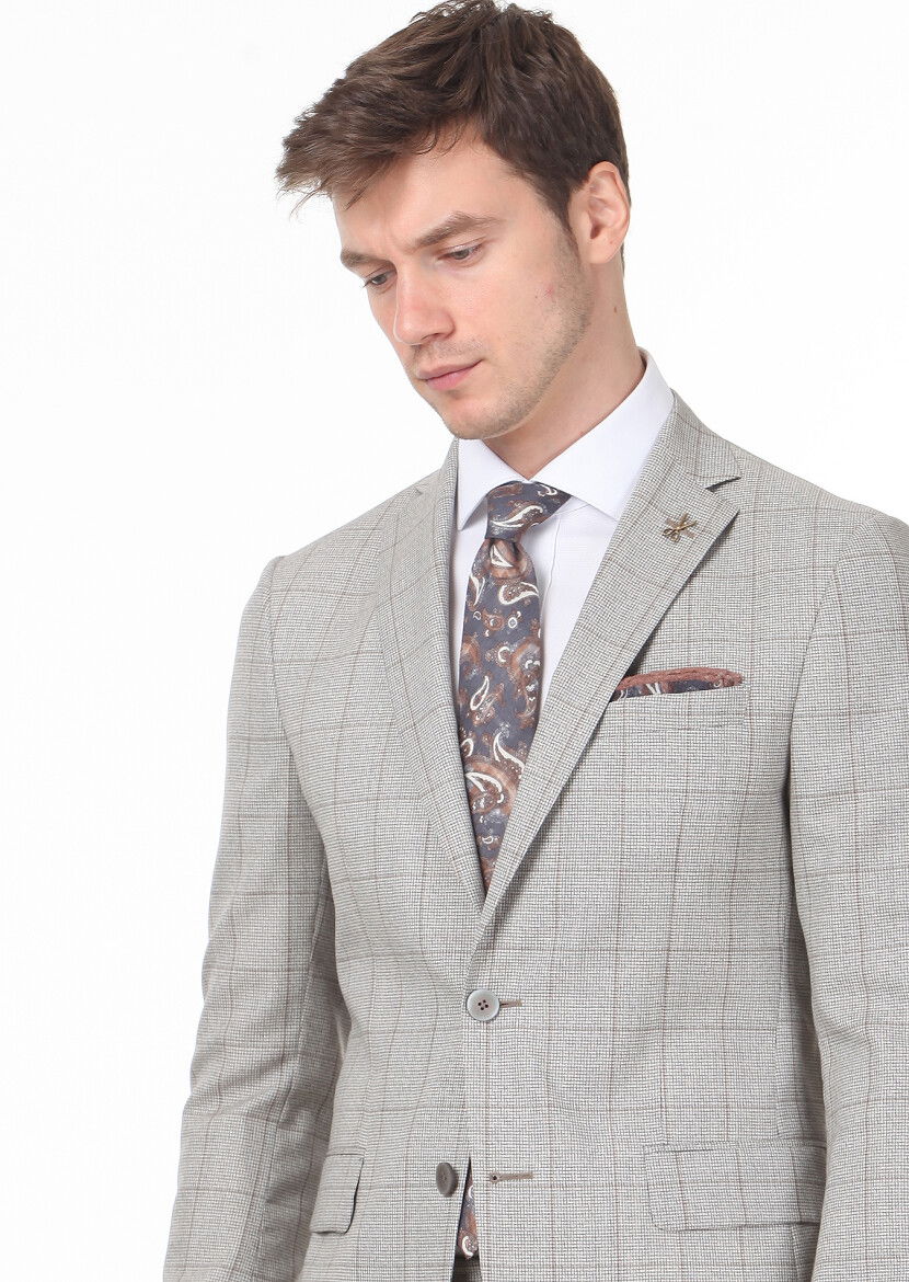 Açık Kahve Kareli Zeroweight Slim Fit %100 Yün Takım Elbise - 2