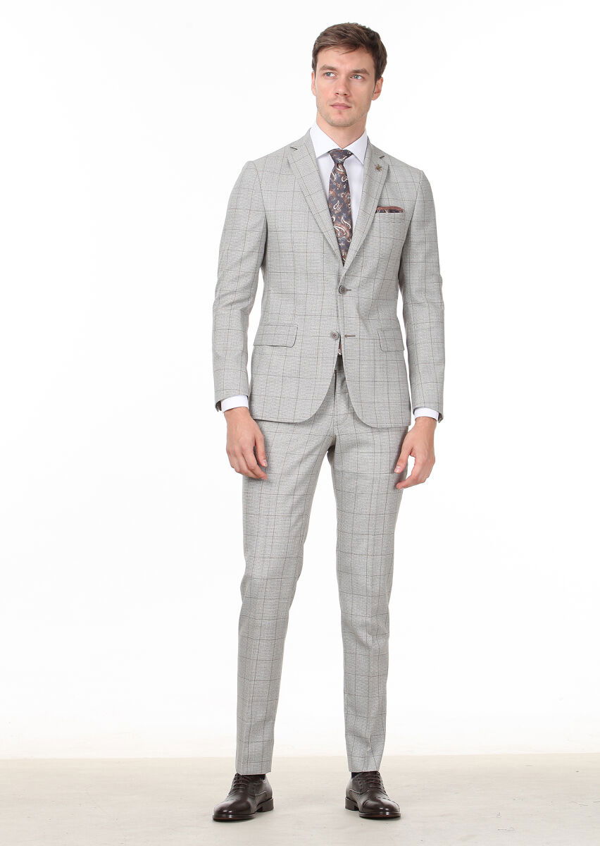 Açık Kahve Kareli Zeroweight Slim Fit %100 Yün Takım Elbise - 3