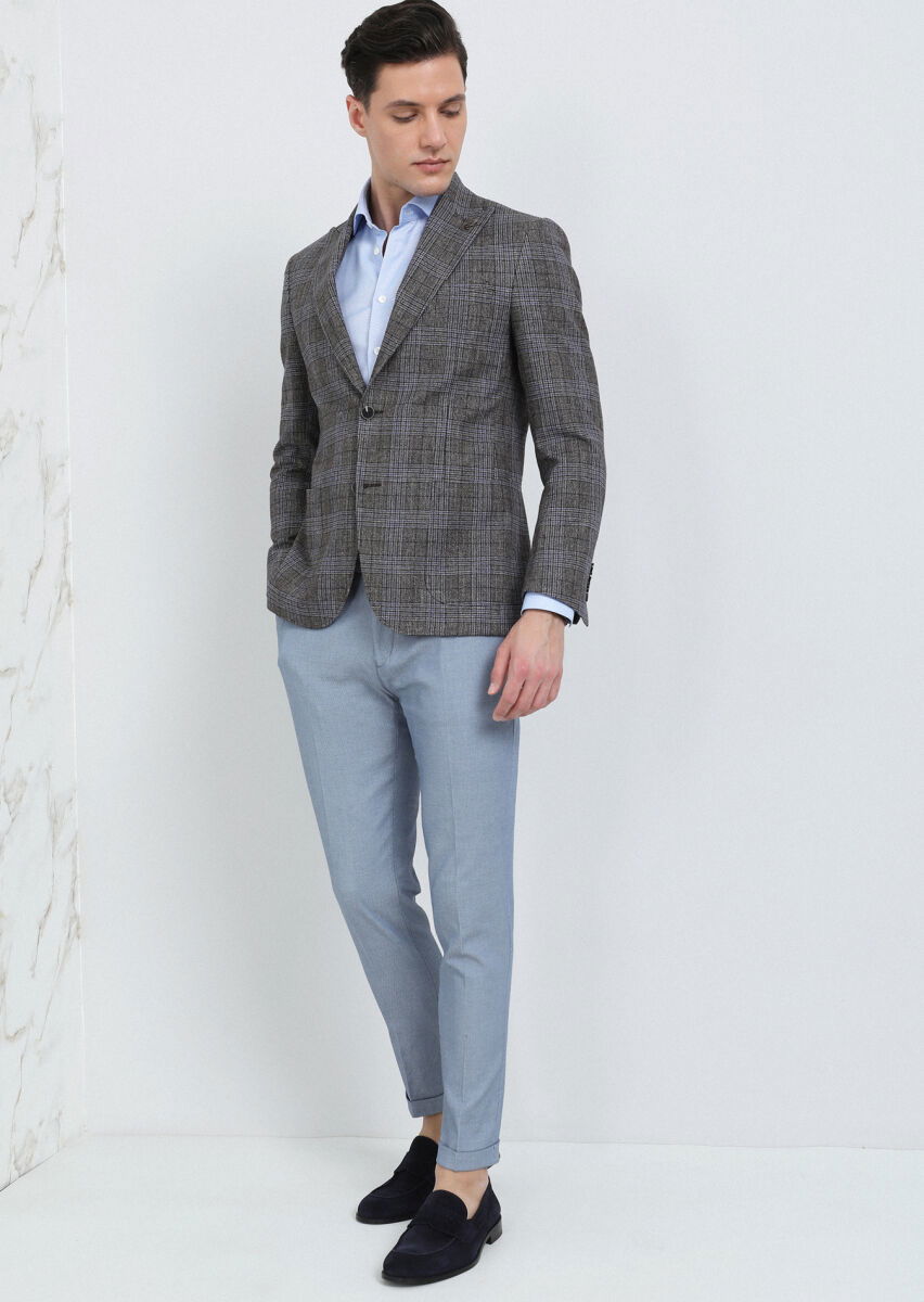 Açık Kahve Kareli Zeroweight Slim Fit Yün Karışımlı Ceket - 4