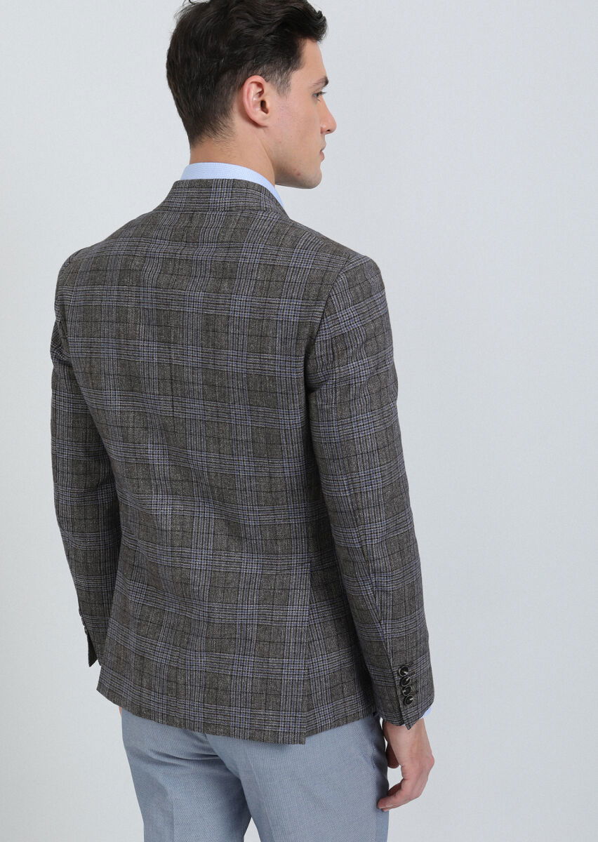 Açık Kahve Kareli Zeroweight Slim Fit Yün Karışımlı Ceket - 5