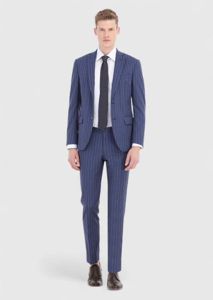Açık Lacivert Çizgili Zeroweight Slim Fit %100 Yün Takım Elbise - 1