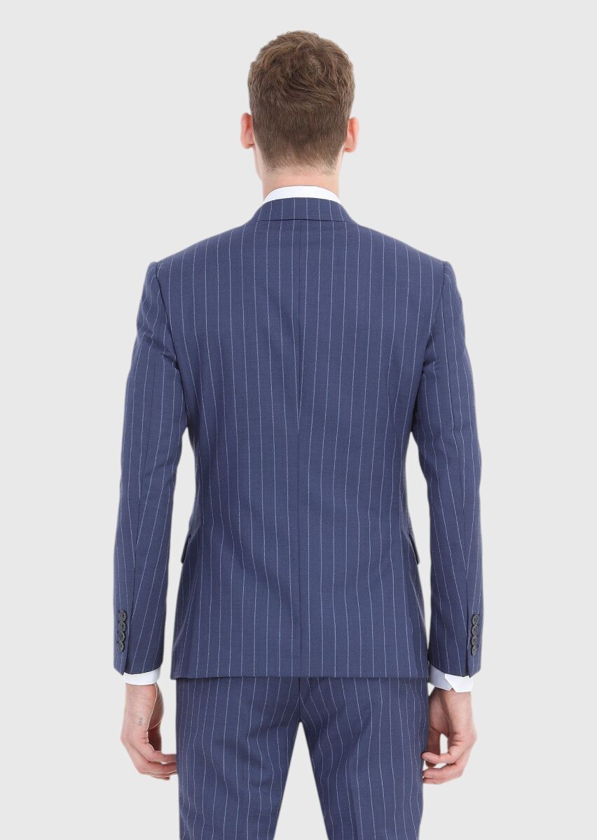 Açık Lacivert Çizgili Zeroweight Slim Fit %100 Yün Takım Elbise - 5