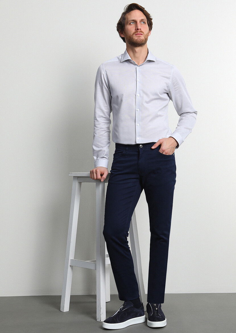 Açık Lacivert Düz Dokuma Slim Fit Casual Pamuk Karışımlı Pantolon - 1