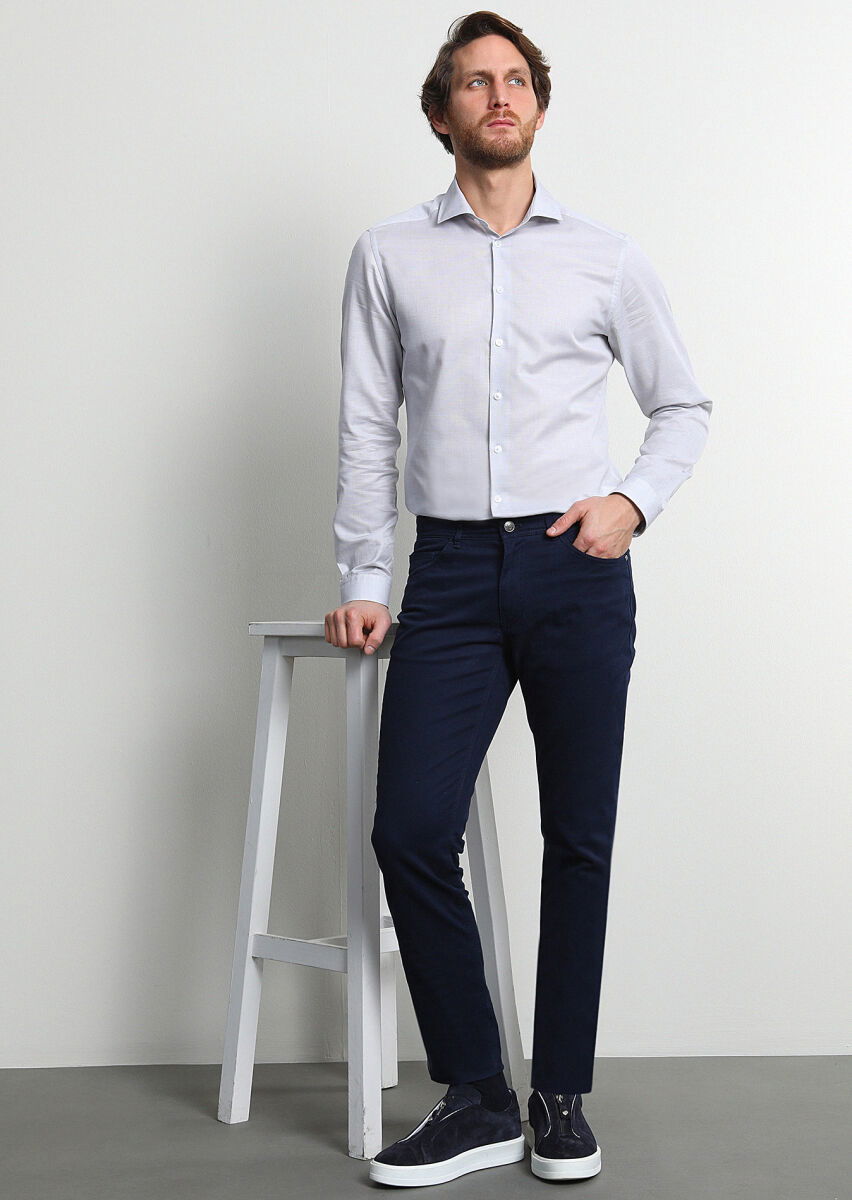 Açık Lacivert Düz Dokuma Slim Fit Casual Pamuk Karışımlı Pantolon - 1