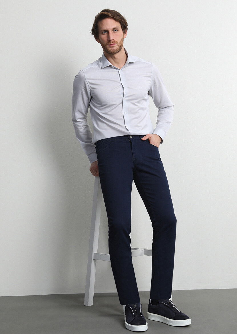 Açık Lacivert Düz Dokuma Slim Fit Casual Pamuk Karışımlı Pantolon - 3