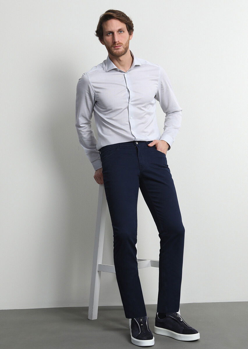 Açık Lacivert Düz Dokuma Slim Fit Casual Pamuk Karışımlı Pantolon - 3