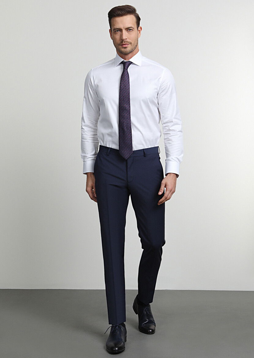 Açık Lacivert Düz Dokuma Slim Fit Klasik Yün Karışımlı Pantolon - 1