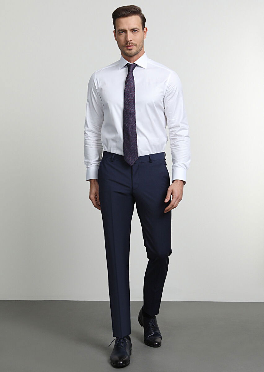 Açık Lacivert Düz Dokuma Slim Fit Klasik Yün Karışımlı Pantolon - 1