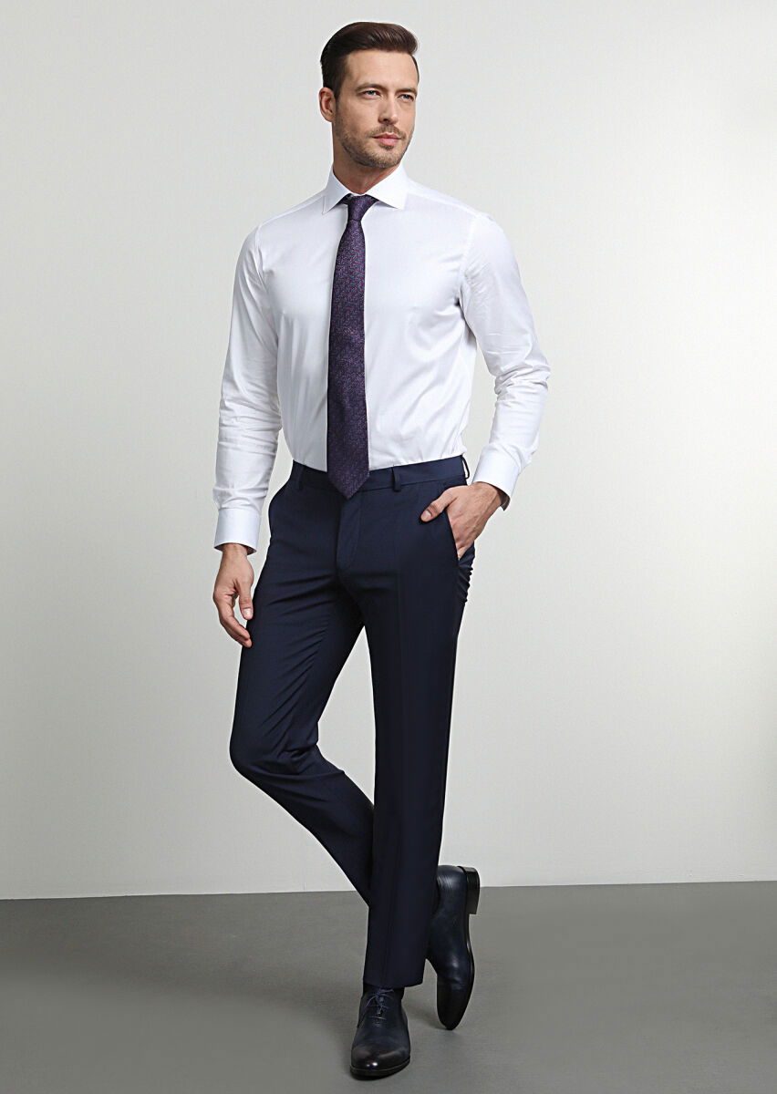 Açık Lacivert Düz Dokuma Slim Fit Klasik Yün Karışımlı Pantolon - 3