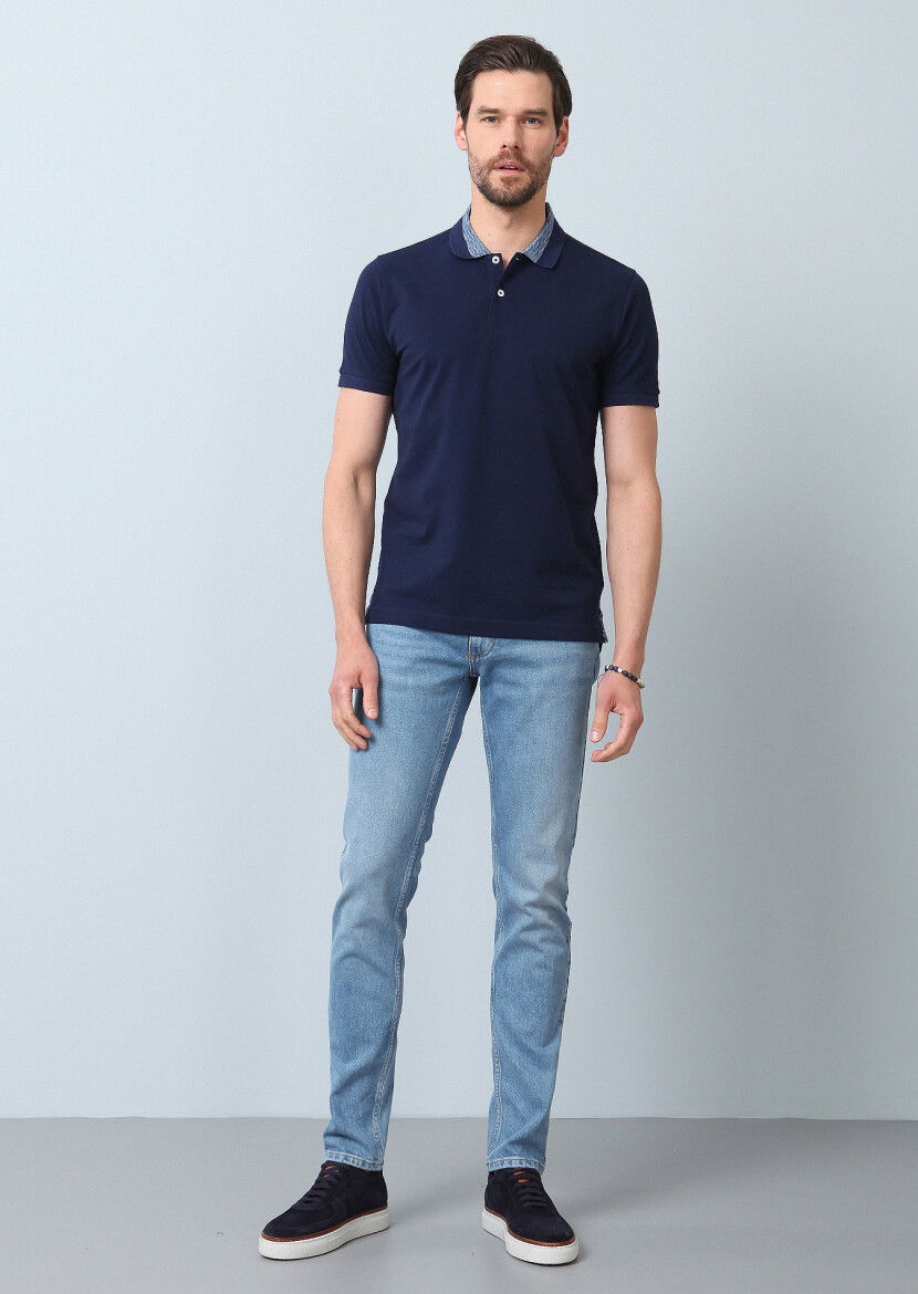 Açık Lacivert Jakarlı Polo Yaka %100 Pamuk T-Shirt - 5