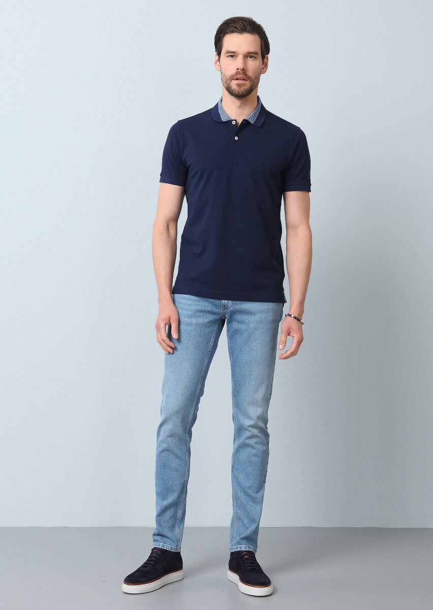 Açık Lacivert Jakarlı Polo Yaka %100 Pamuk T-Shirt - 5