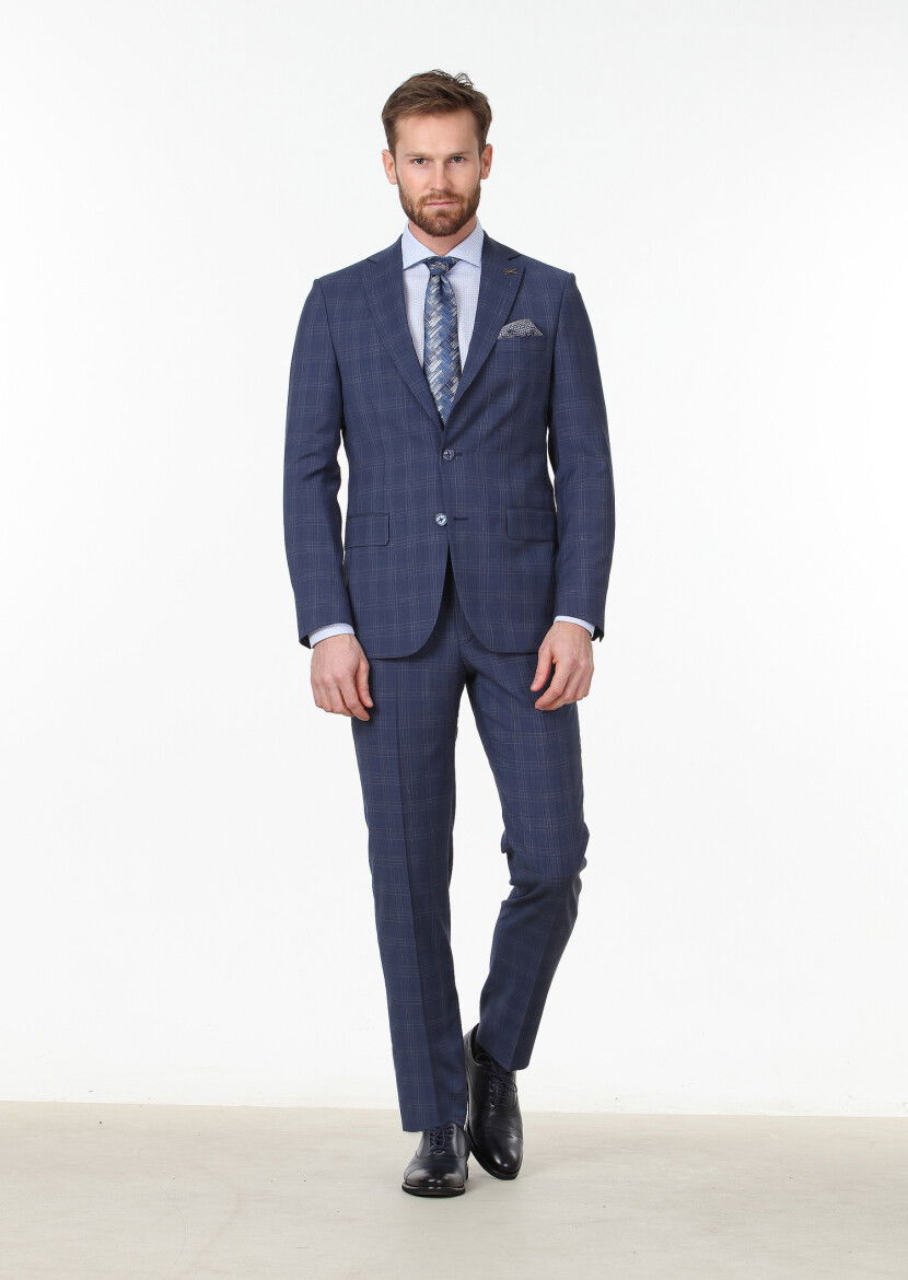 Açık Lacivert Kareli Modern Fit %100 Yün Takım Elbise - 1