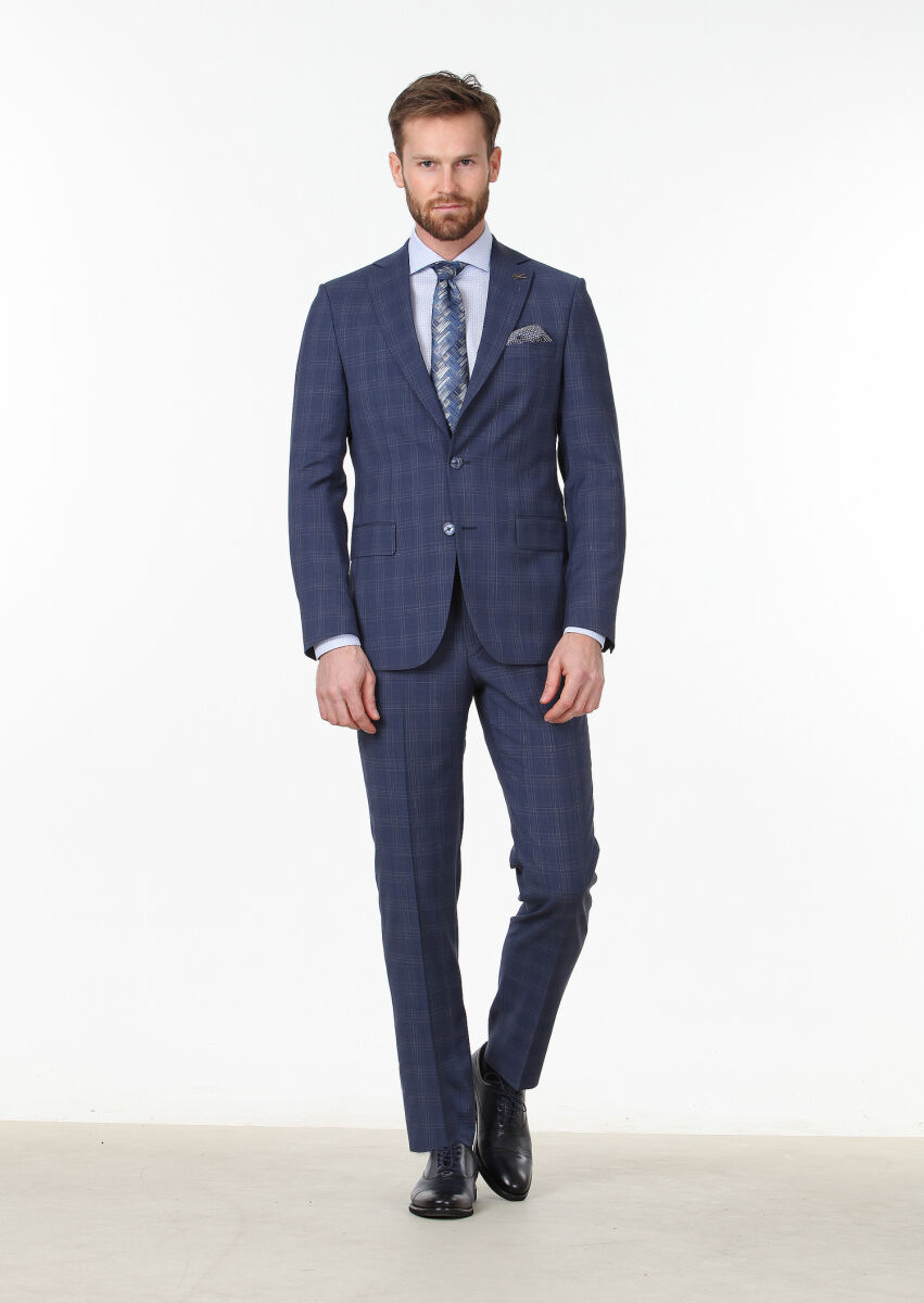 Açık Lacivert Kareli Modern Fit %100 Yün Takım Elbise - 1