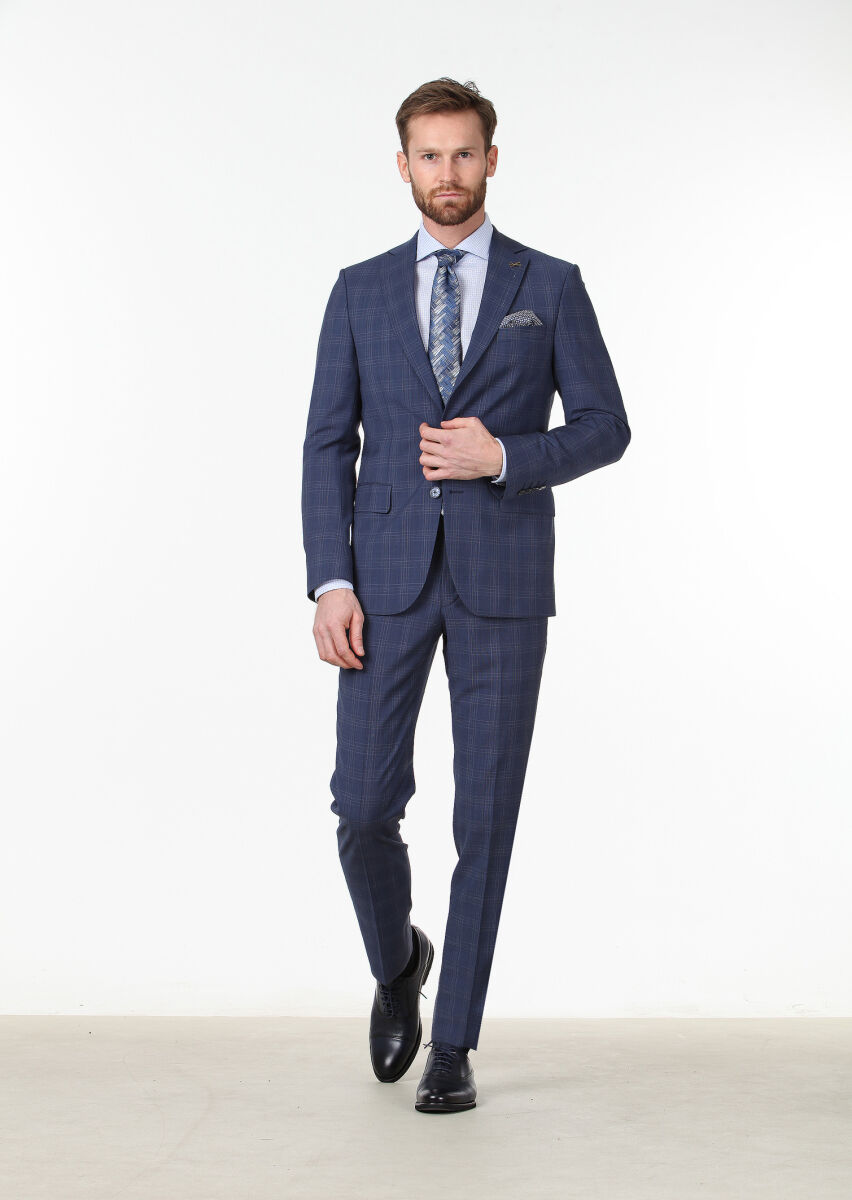 Açık Lacivert Kareli Modern Fit %100 Yün Takım Elbise - 2