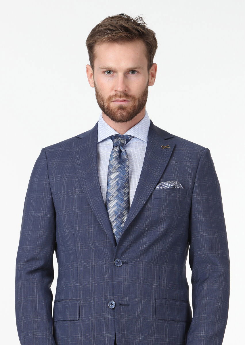 Açık Lacivert Kareli Modern Fit %100 Yün Takım Elbise - 3