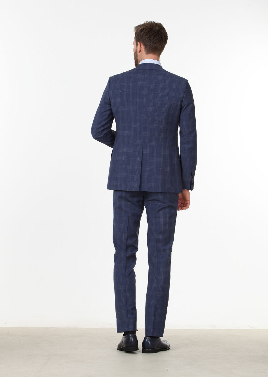 Açık Lacivert Kareli Modern Fit %100 Yün Takım Elbise - 4