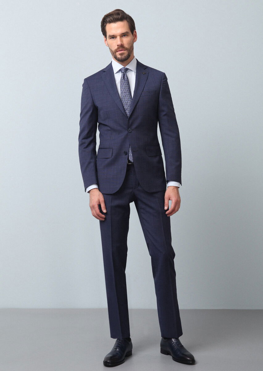 Açık Lacivert Kareli Modern Fit %100 Yün Takım Elbise - 4