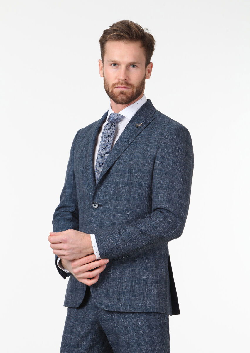 Açık Lacivert Kareli Zeroweight Slim Fit Yün Karışımlı Takım Elbise - 1