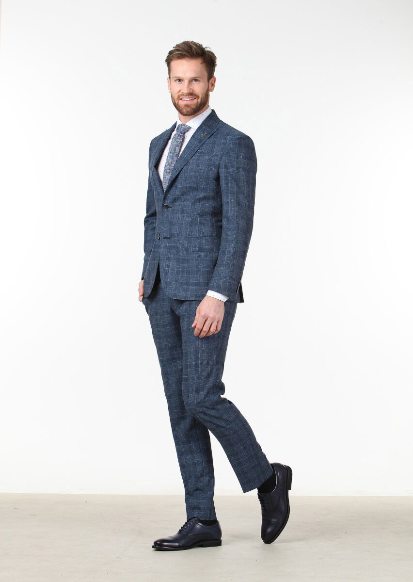 Açık Lacivert Kareli Zeroweight Slim Fit Yün Karışımlı Takım Elbise - 2