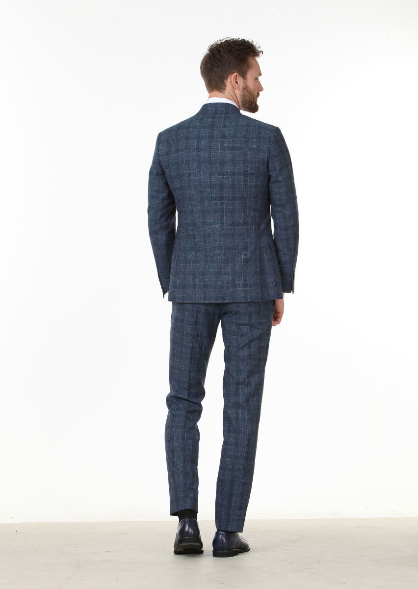 Açık Lacivert Kareli Zeroweight Slim Fit Yün Karışımlı Takım Elbise - 4