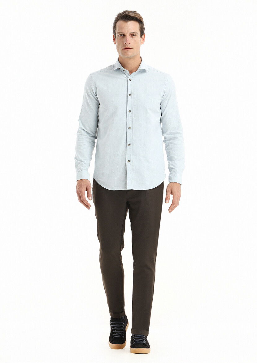 Açık Mavi Çizgili Regular Fit Dokuma Casual %100 Pamuk Gömlek 