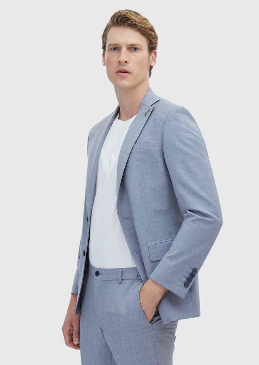Açık Mavi Düz Modern Fit Yün Karışımlı Takım Elbise - 1