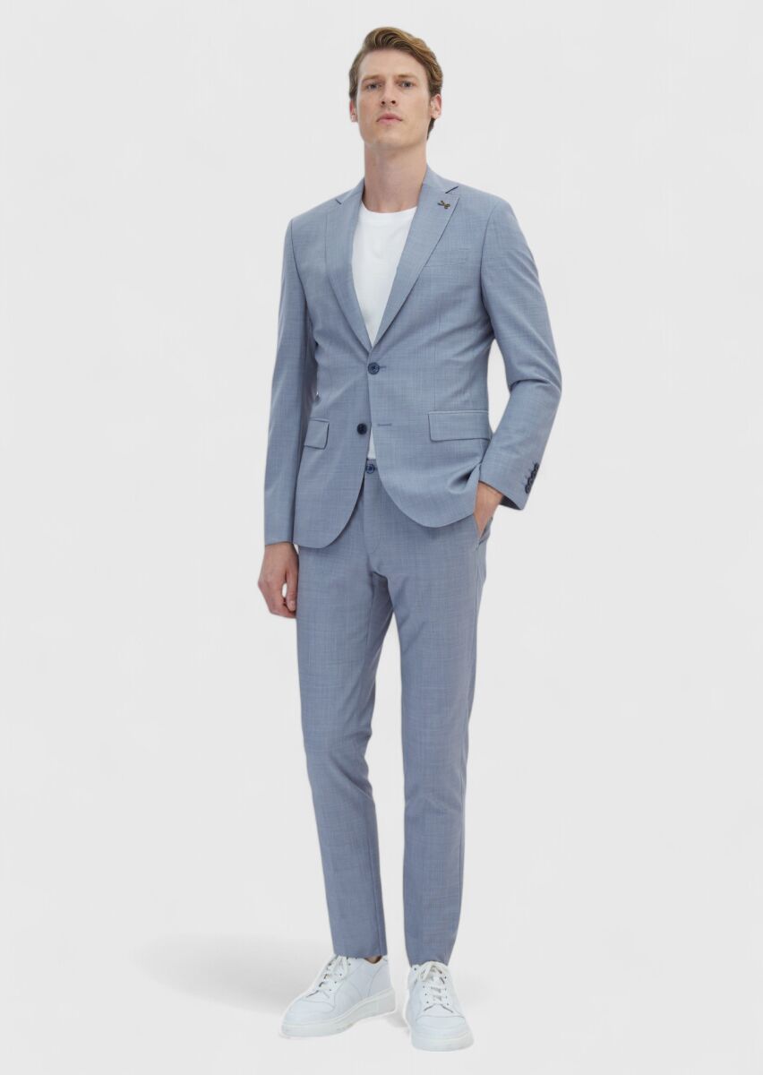 Açık Mavi Düz Modern Fit Yün Karışımlı Takım Elbise - 2