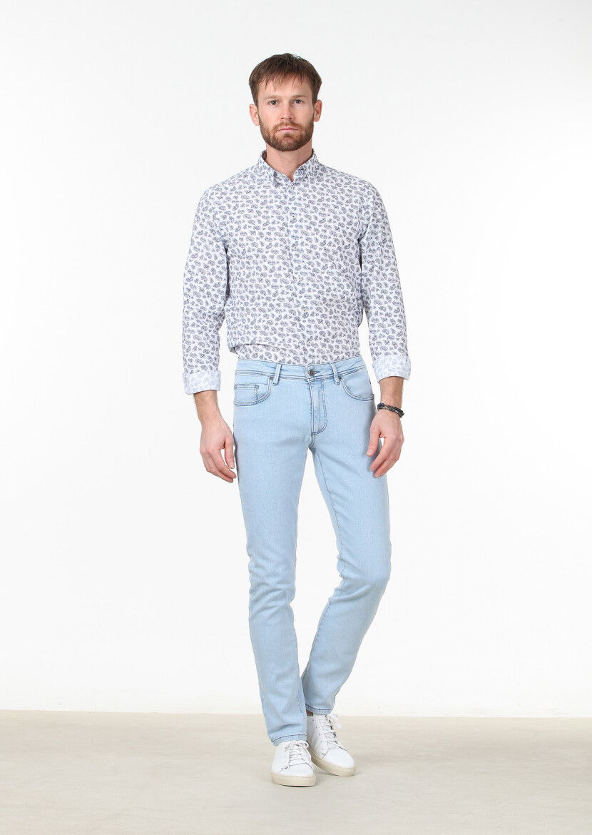 Açık Mavi Düz Slim Fit Denim Pamuk Karışımlı Pantolon - 1