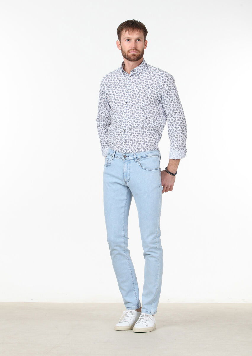 Açık Mavi Düz Slim Fit Denim Pamuk Karışımlı Pantolon - 2