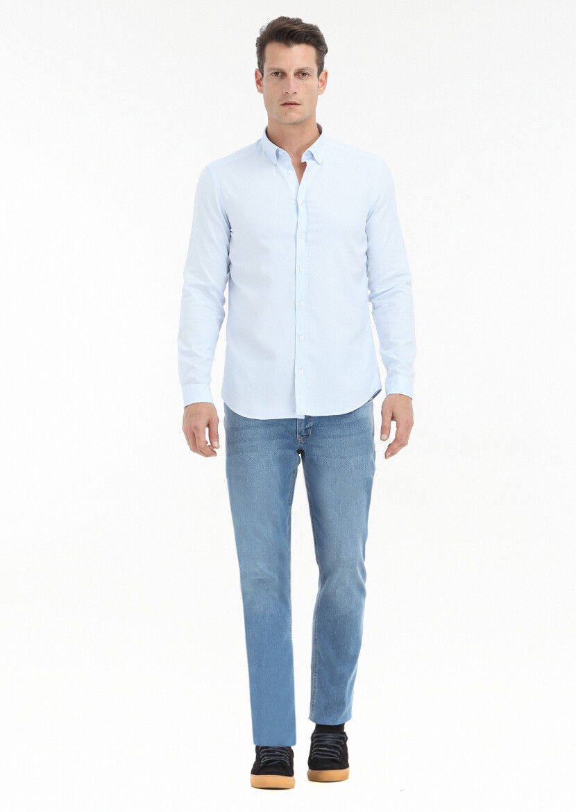 Açık Mavi Düz Slim Fit Dokuma Casual %100 Pamuk Gömlek 
