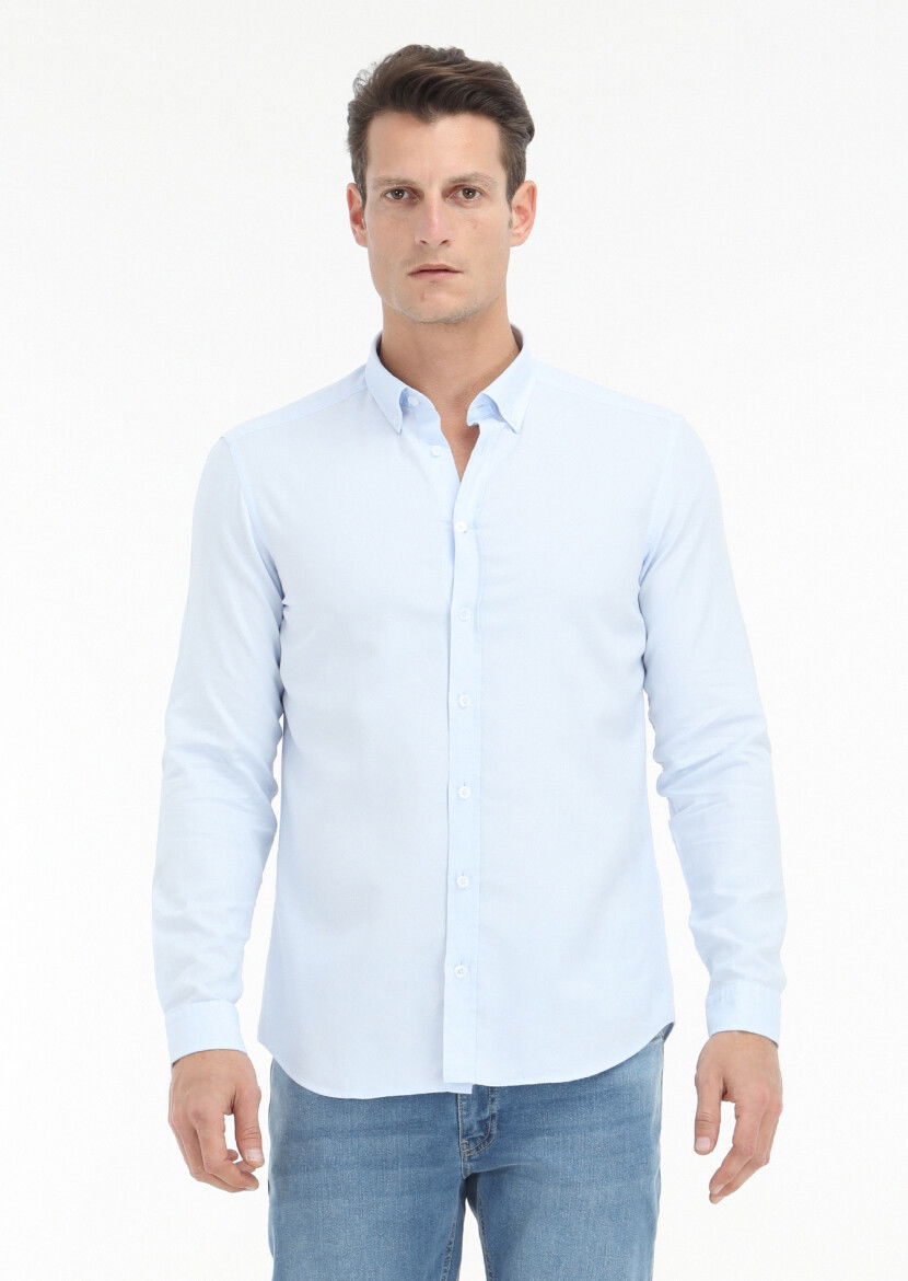 Açık Mavi Düz Slim Fit Dokuma Casual %100 Pamuk Gömlek 