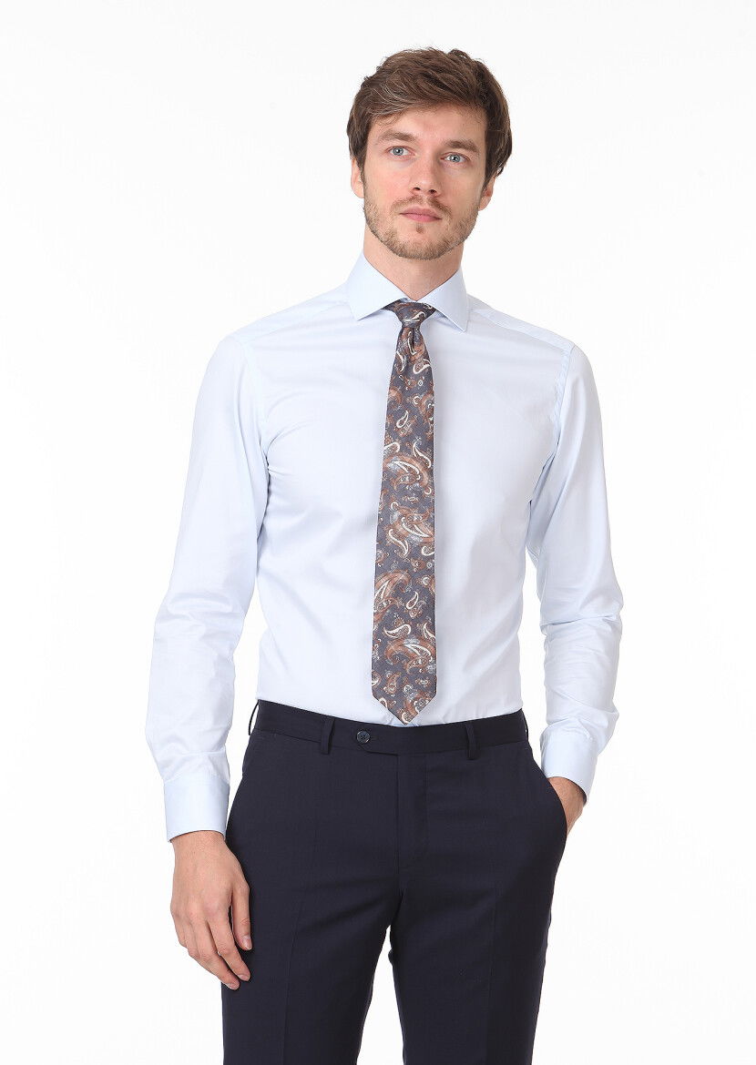 Açık Mavi Düz Slim Fit Dokuma Klasik %100 Pamuk Gömlek - 1